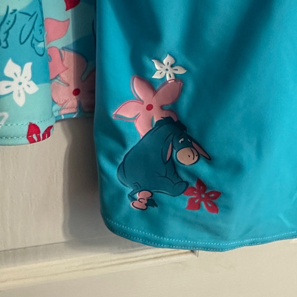 Disney Girls Turquoise Swim Top with Pink Trim and Floral Sleeves - Picture 2 of 8